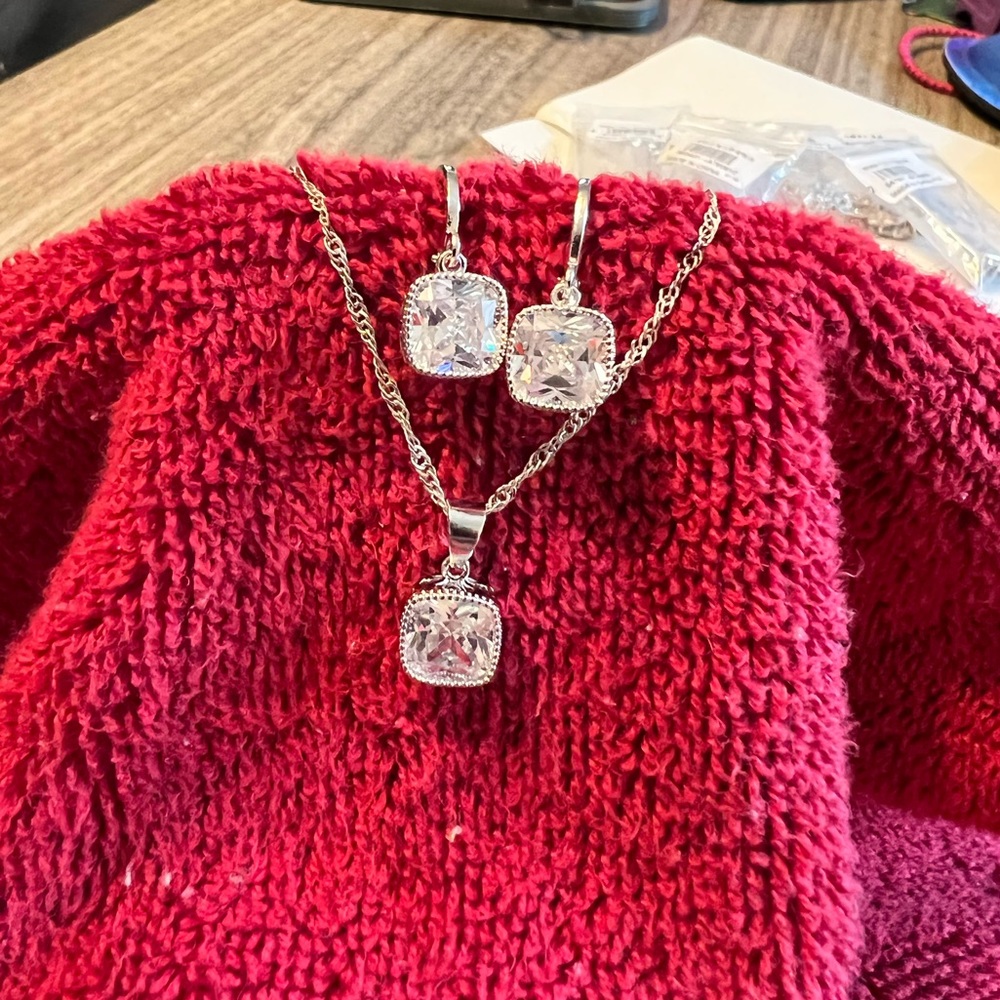 Cushion cut .925 sterling silver necklace and earring